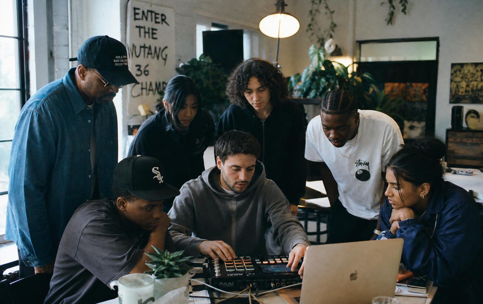 Young creators collaborating with mentors in a studio session